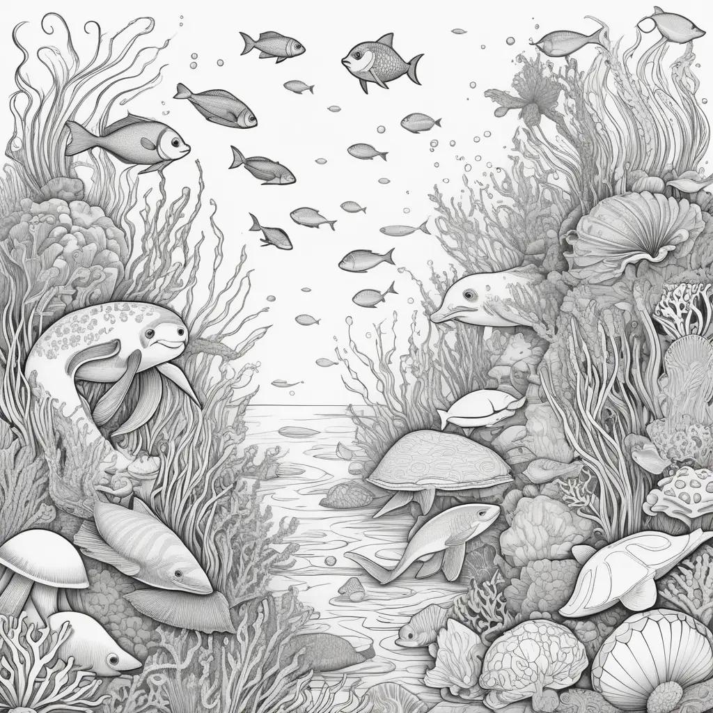 Colorful sea creatures, coral, and fish in a coloring book