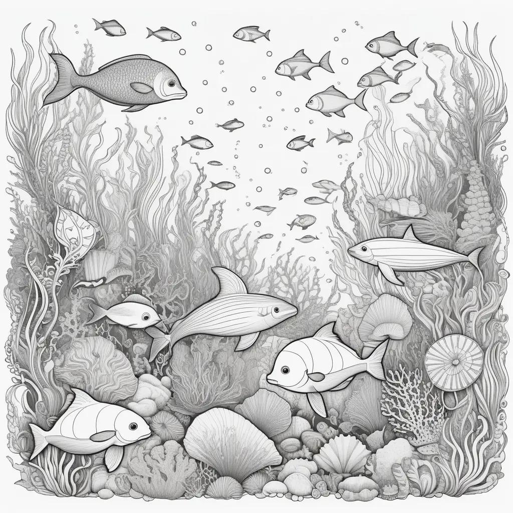 Colorful sea creatures in a black and white coloring page