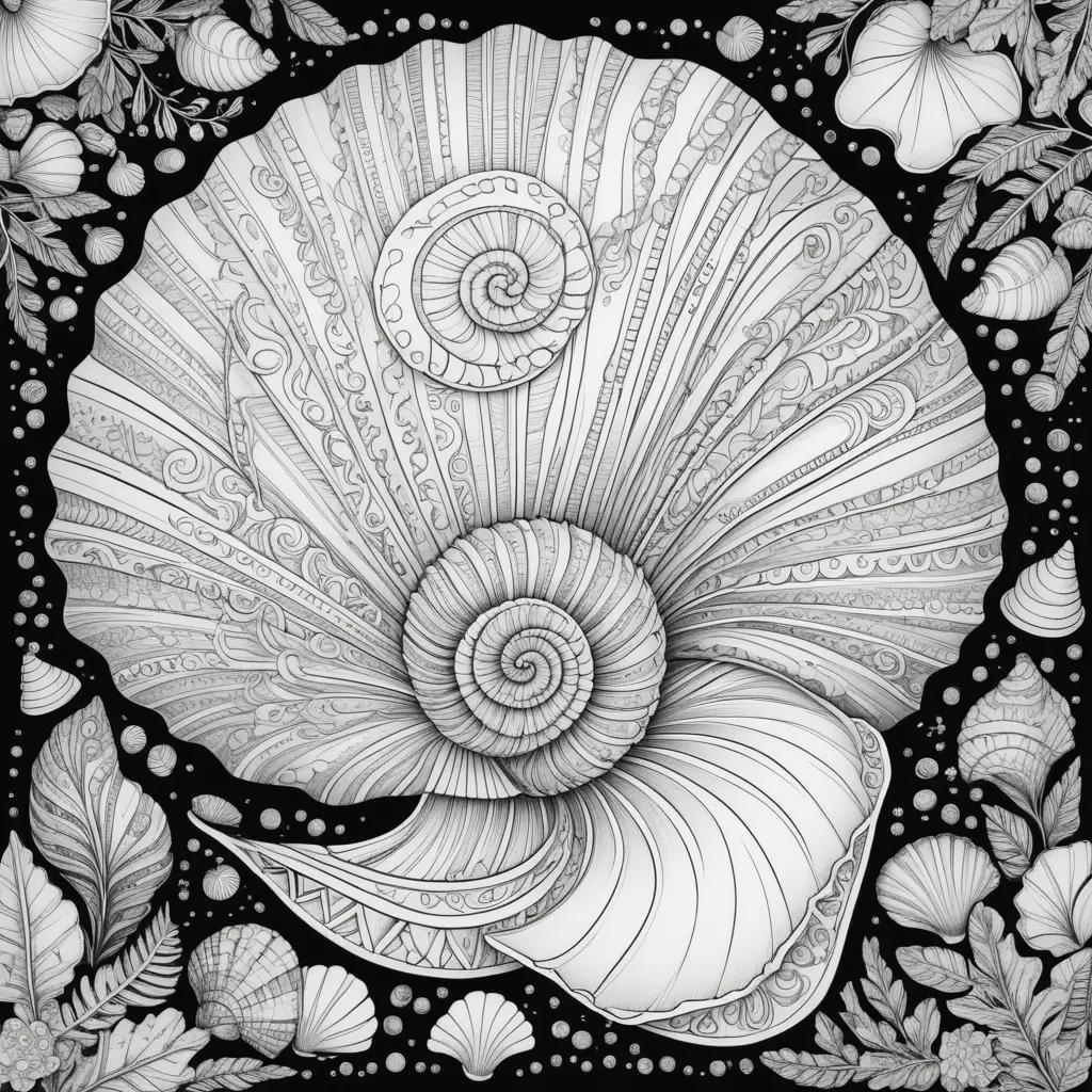 Colorful seashells and flowers on a black and white coloring page