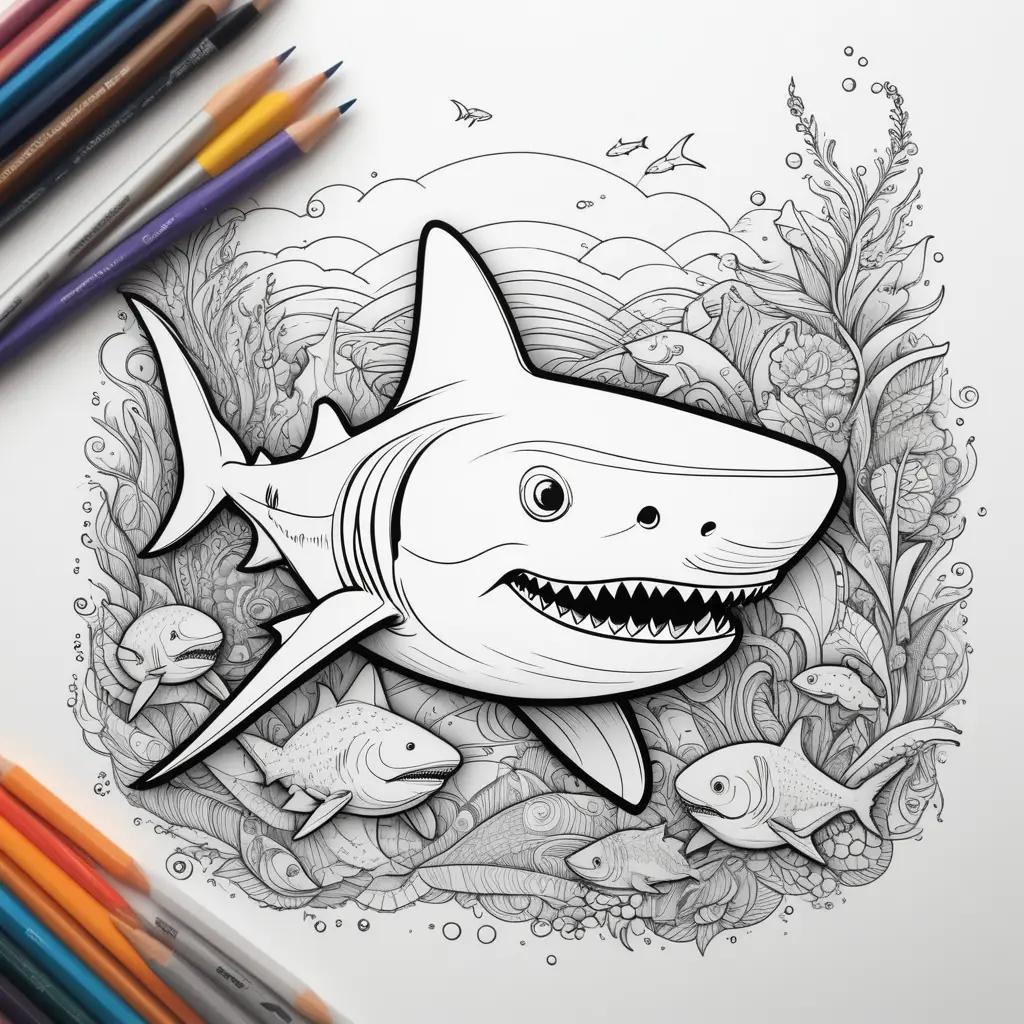 Colorful sharks and fish on a coloring page