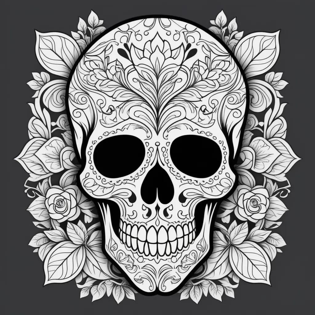 Colorful skull with floral border on black background