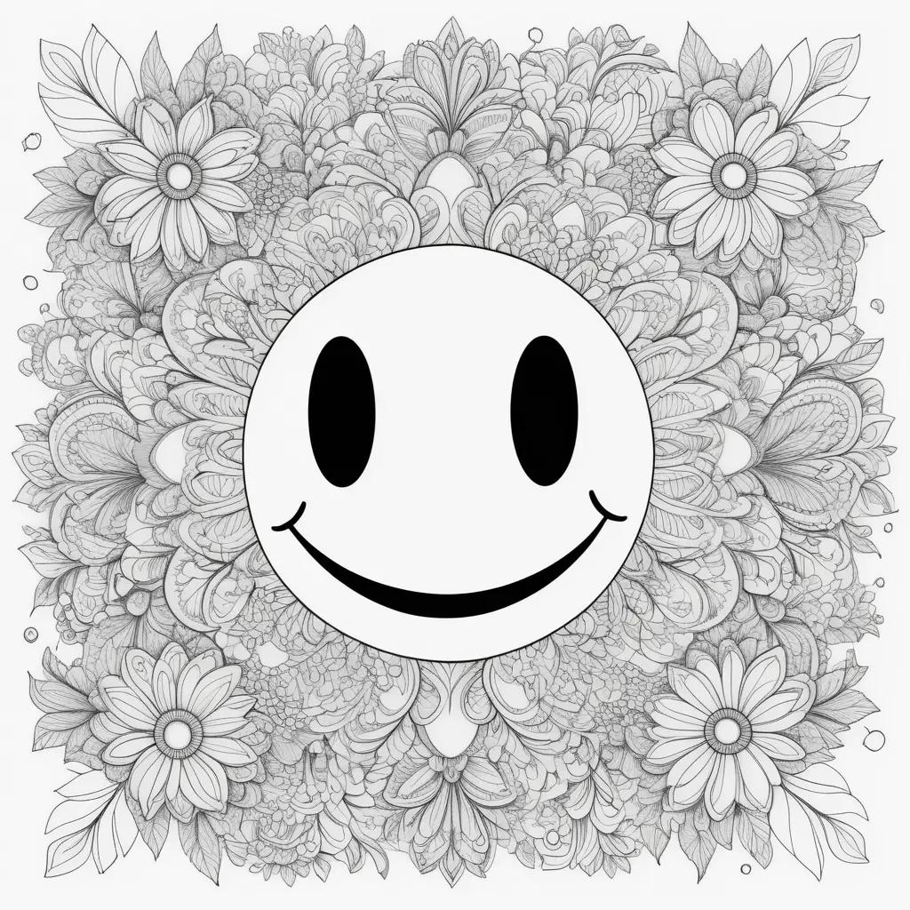 Colorful smiley face surrounded by flowers and leaves