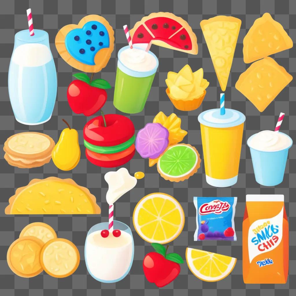 Colorful snack clipart with various fruits and drinks