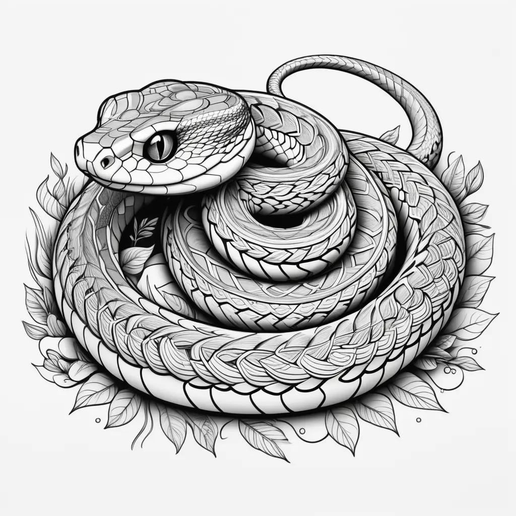 Colorful snake drawing with leaves on a white background