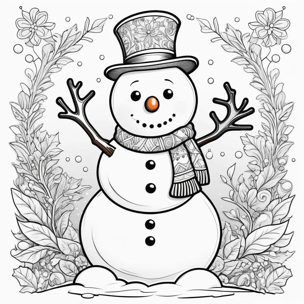 Colorful snowman coloring pages with flower and leaves