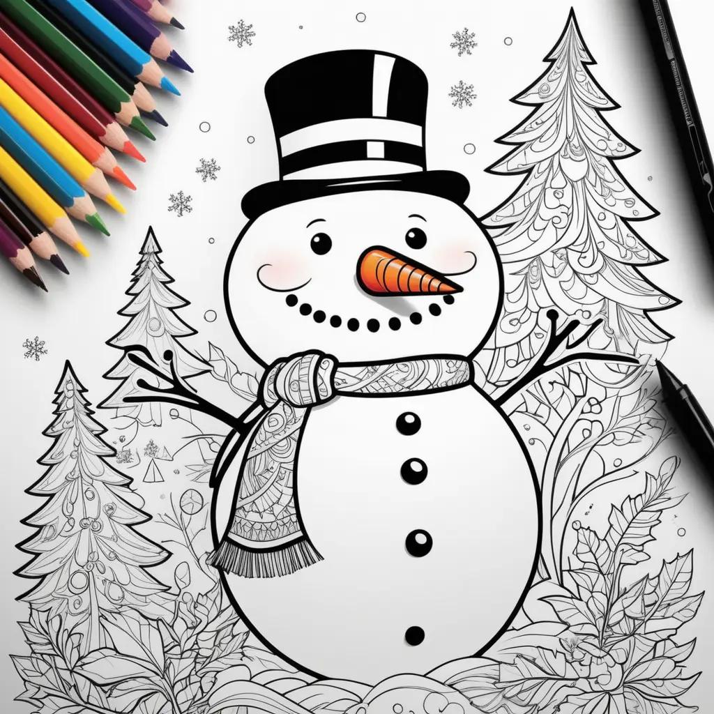 Colorful snowman coloring pages with trees in the background