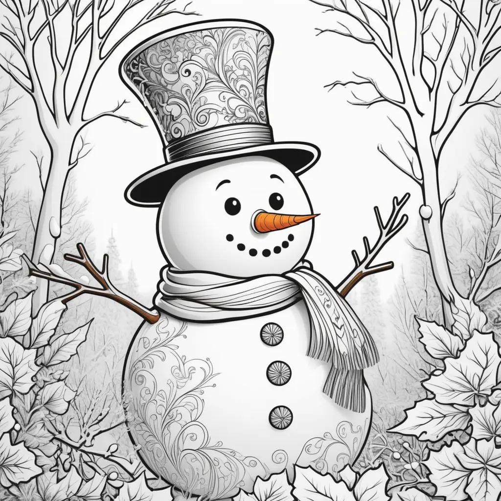 Colorful snowman in the forest with a hat and scarf