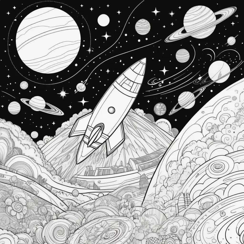 Colorful space coloring pages with planets and rocket