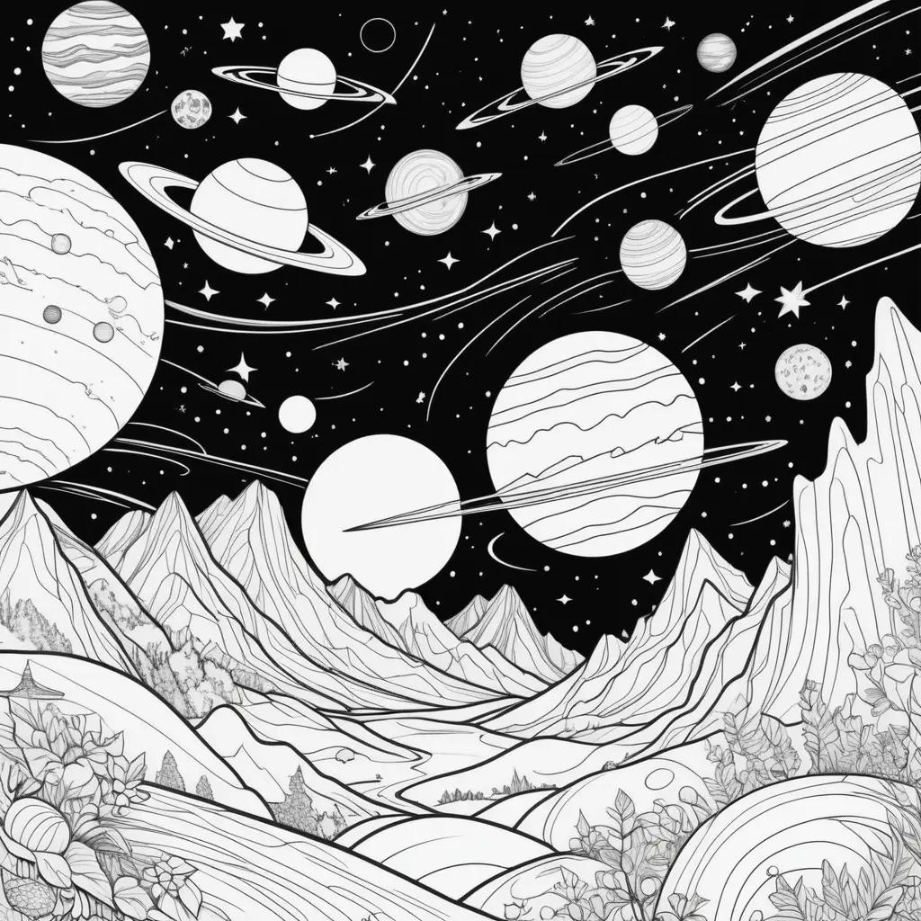 Colorful space coloring pages with planets and stars