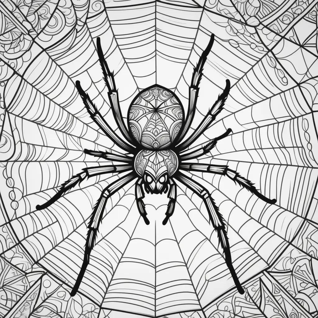 Colorful spider web coloring page with black spider