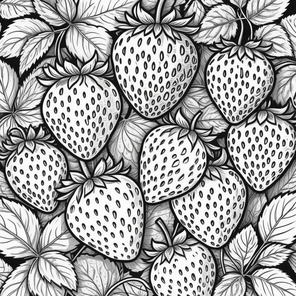 Colorful strawberries and leaves on a black and white background