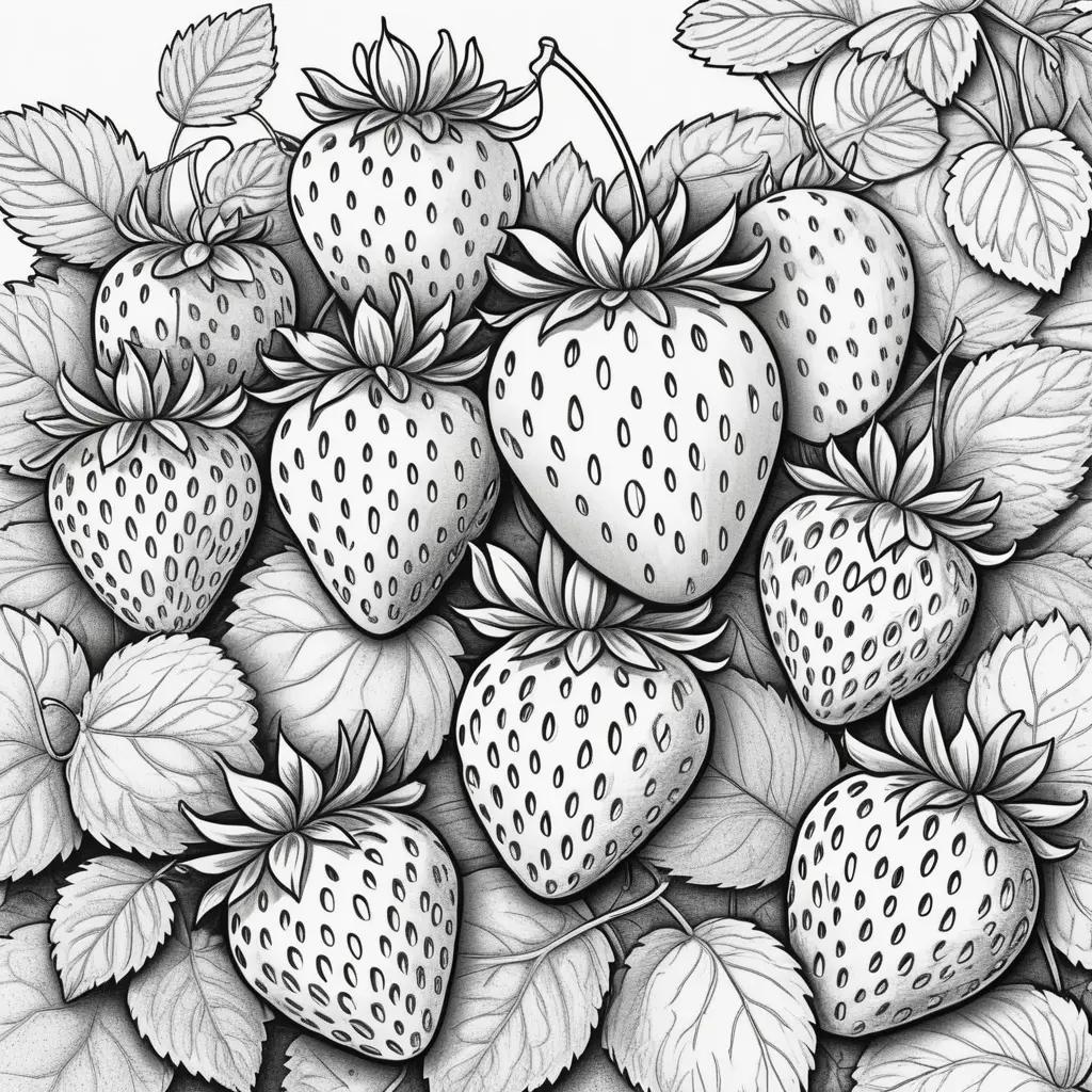 Colorful strawberries on a leafy branch in a black and white drawing