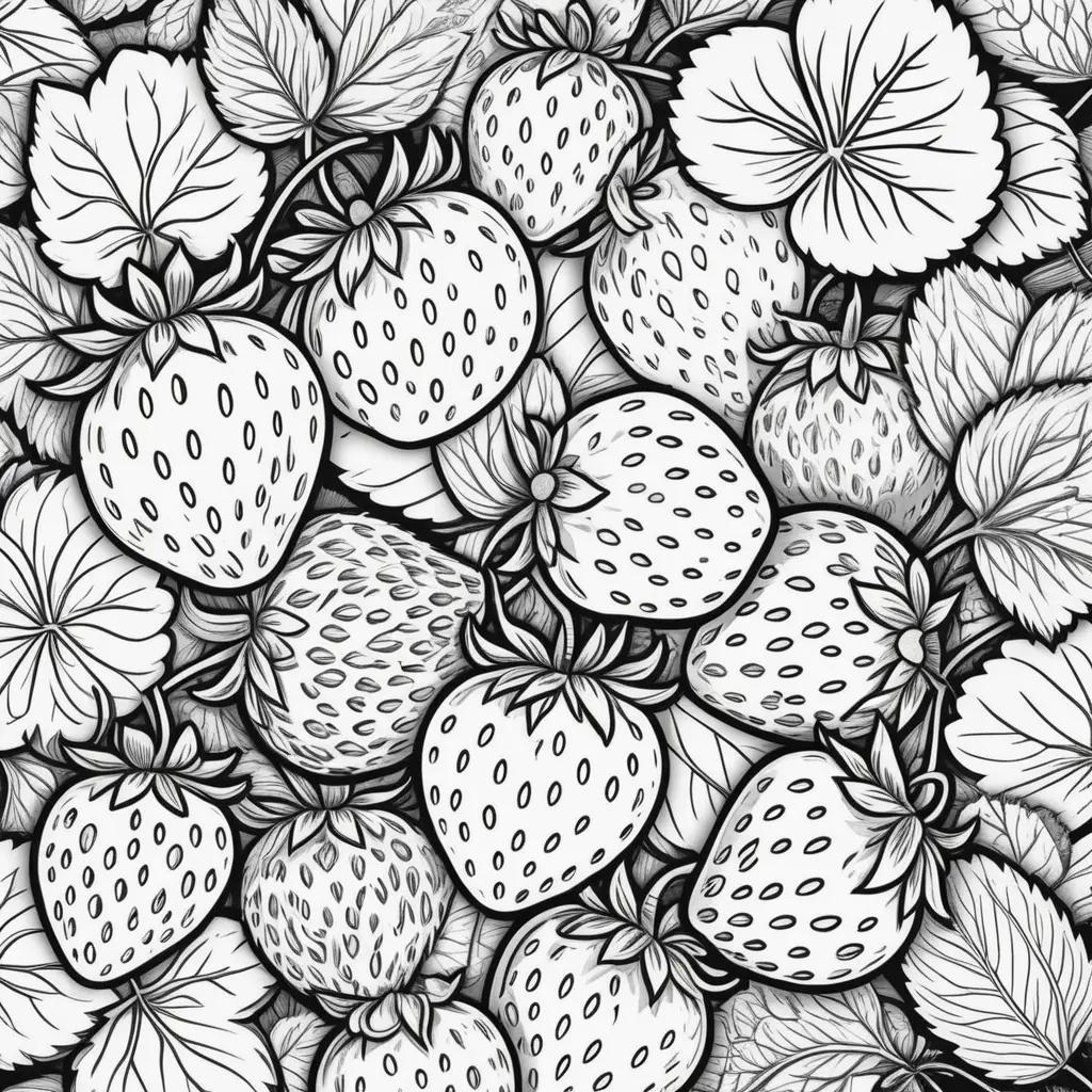 Colorful strawberry and leaf coloring pages for adults