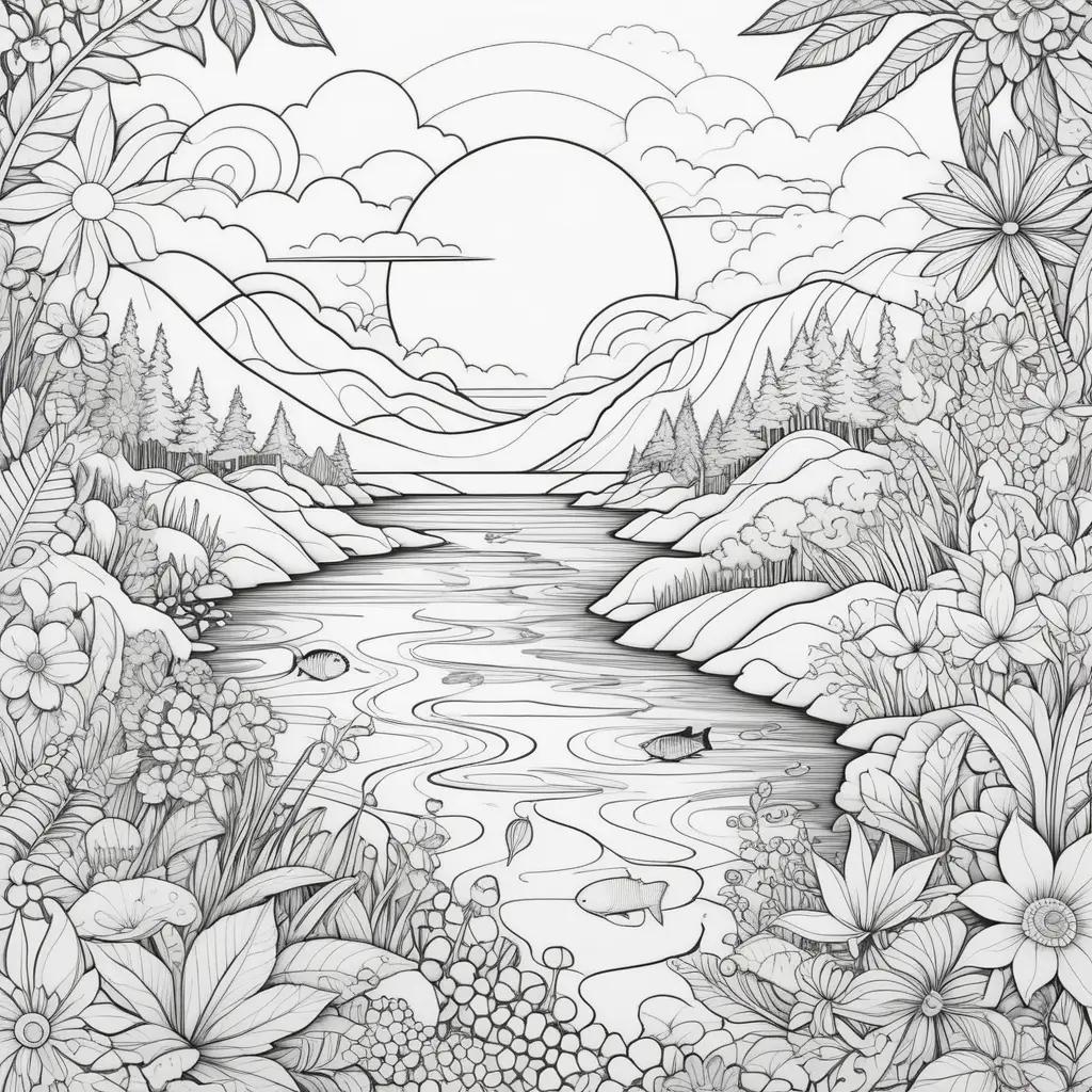 川と花が描かれたカラフルな夏のぬりえ
