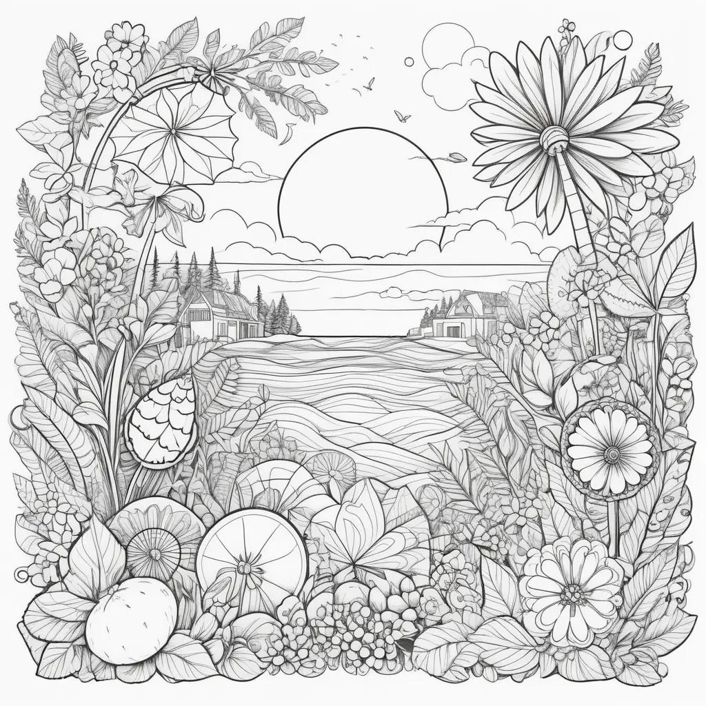 Colorful summer coloring page with trees and flowers