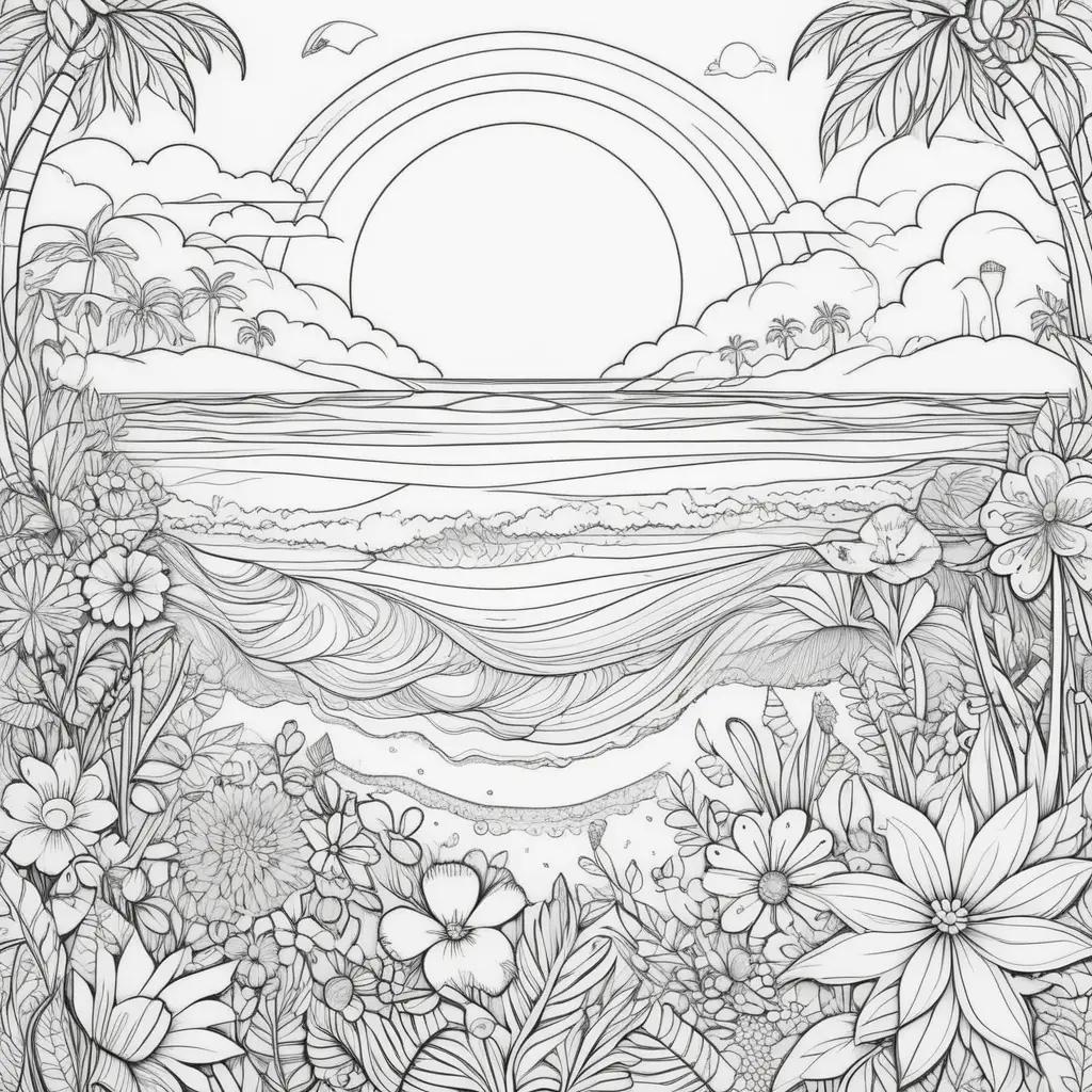 Colorful summer coloring pages featuring a beach scene