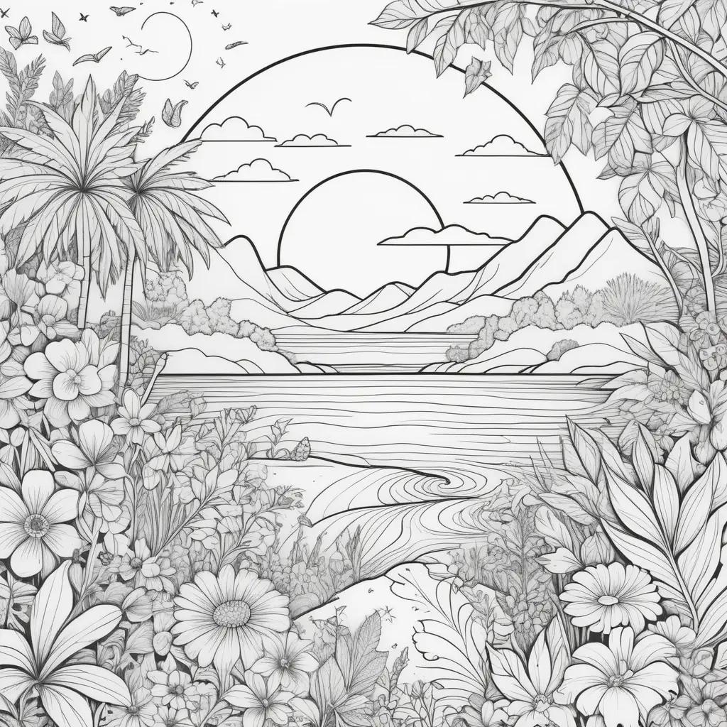 Colorful summer coloring pages with birds and flowers