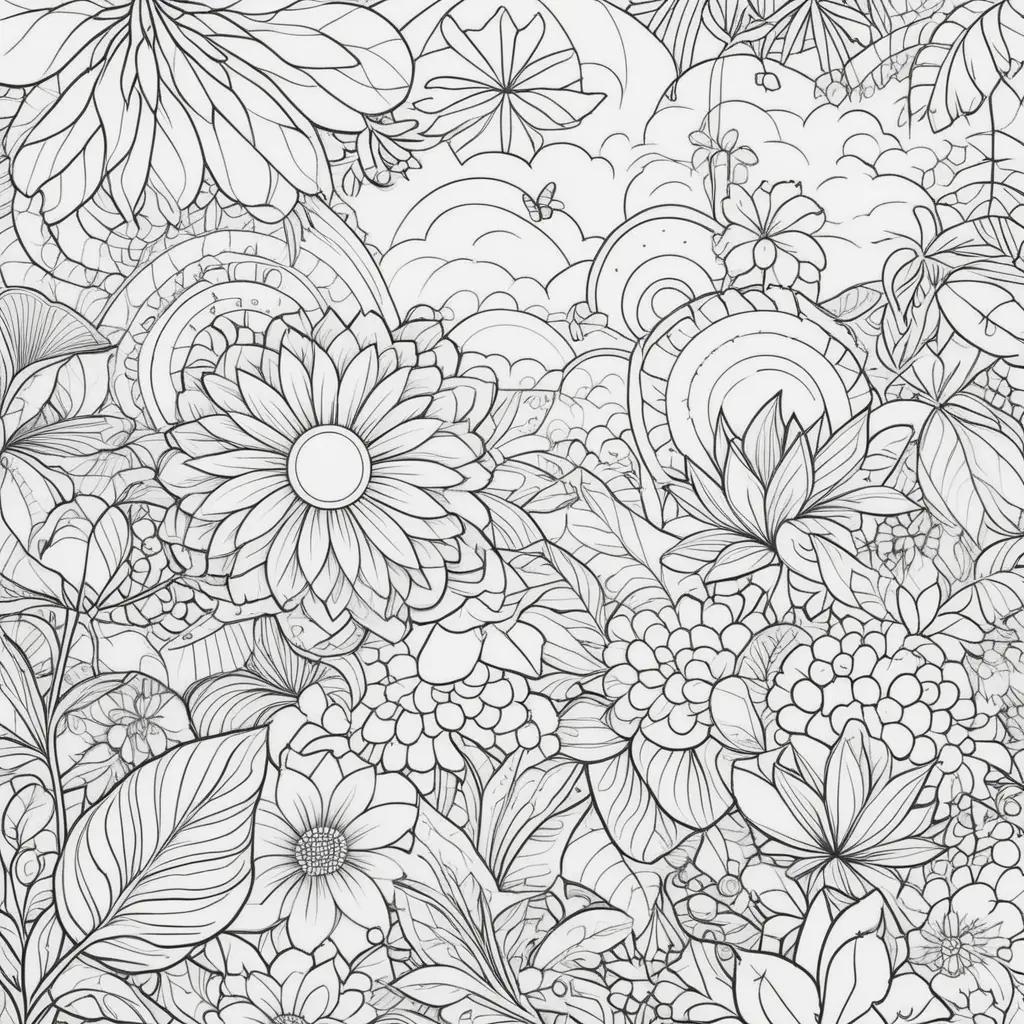 Colorful summer flowers and leaves in black and white