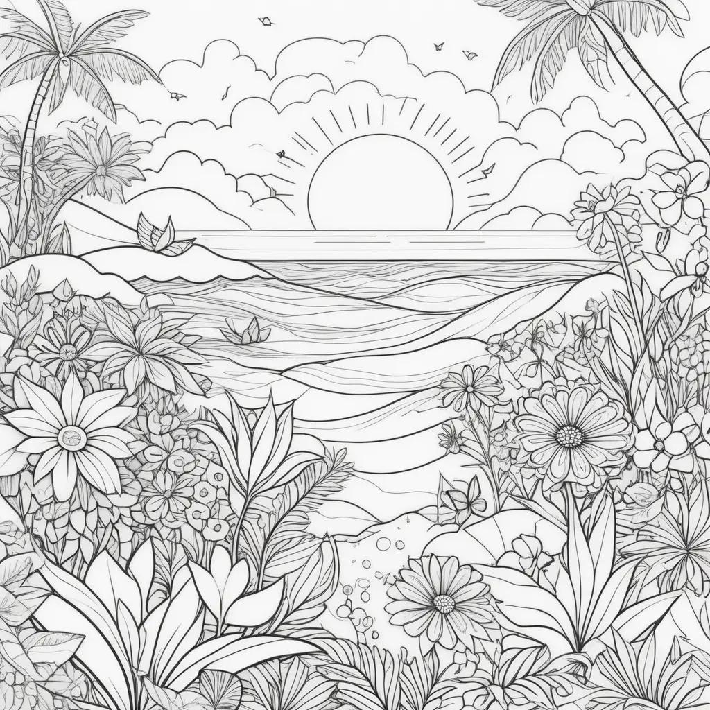 Colorful summer scene for coloring, with sun and flowers