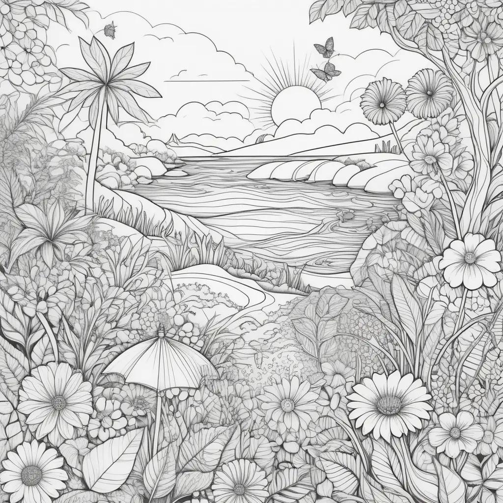 Colorful summer scene on black and white coloring pages