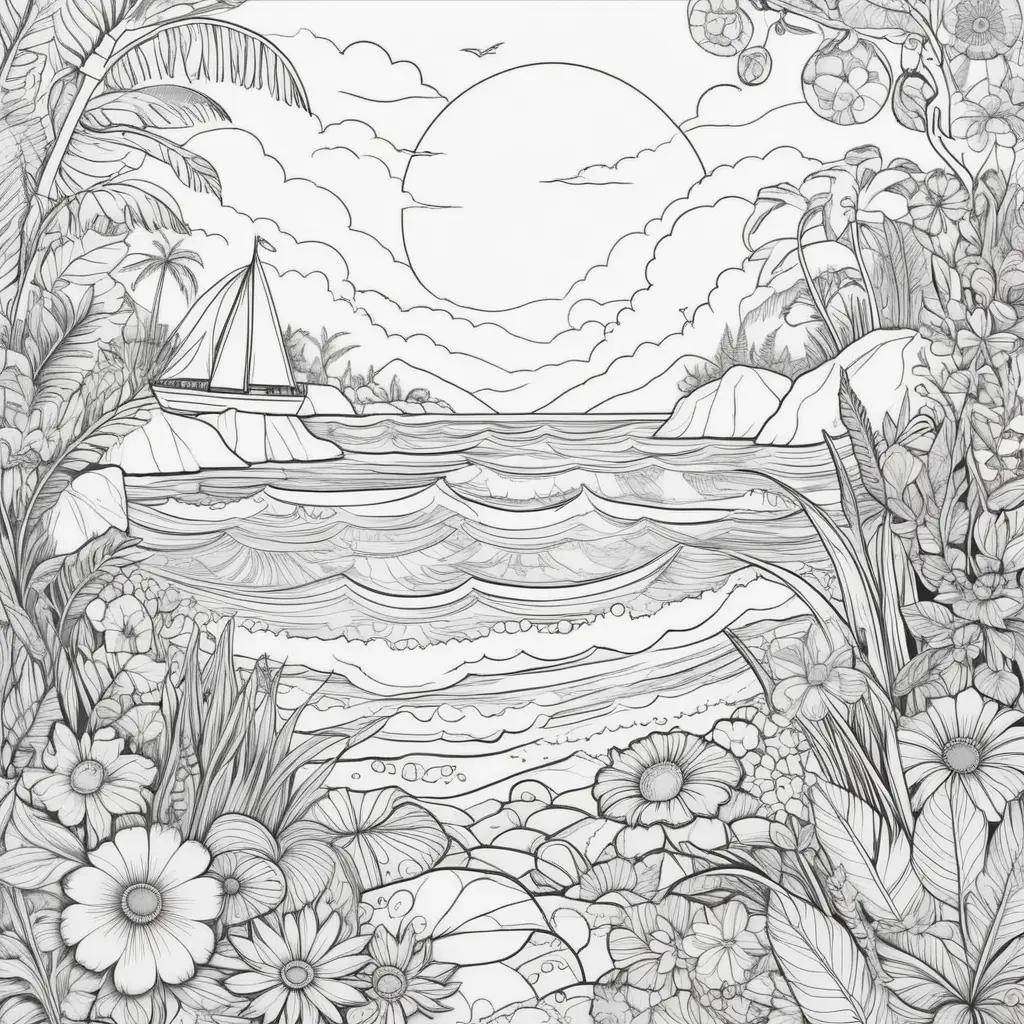 ボートと花のぬりえにカラフルな夏のシーン