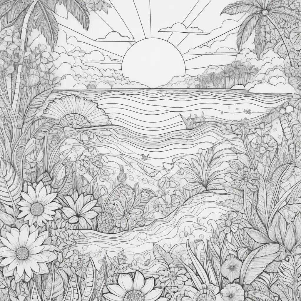 Colorful summertime coloring pages with flowers and sea