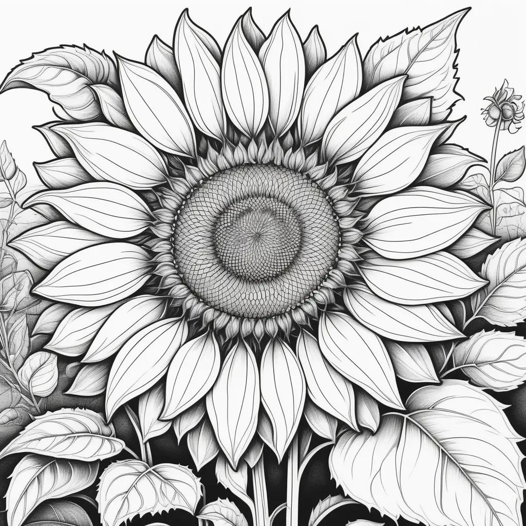 Colorful sunflower coloring page with detailed lines