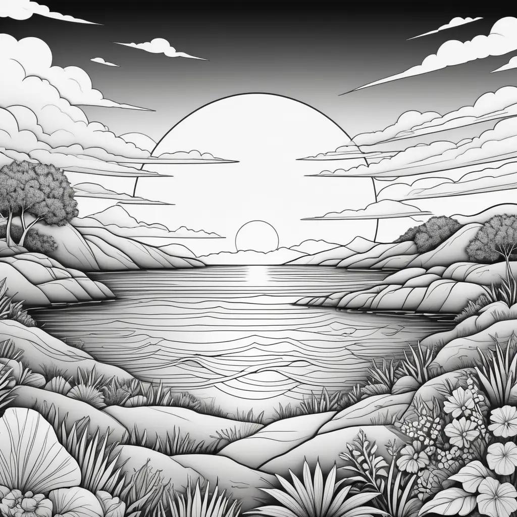 Colorful sunset coloring page with clouds, flowers, and birds