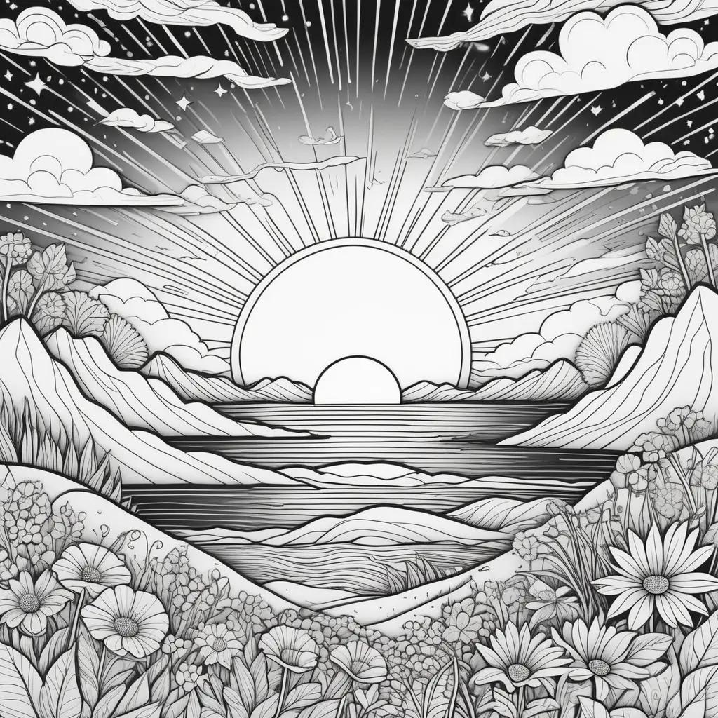 Colorful sunset coloring pages with flowers and clouds