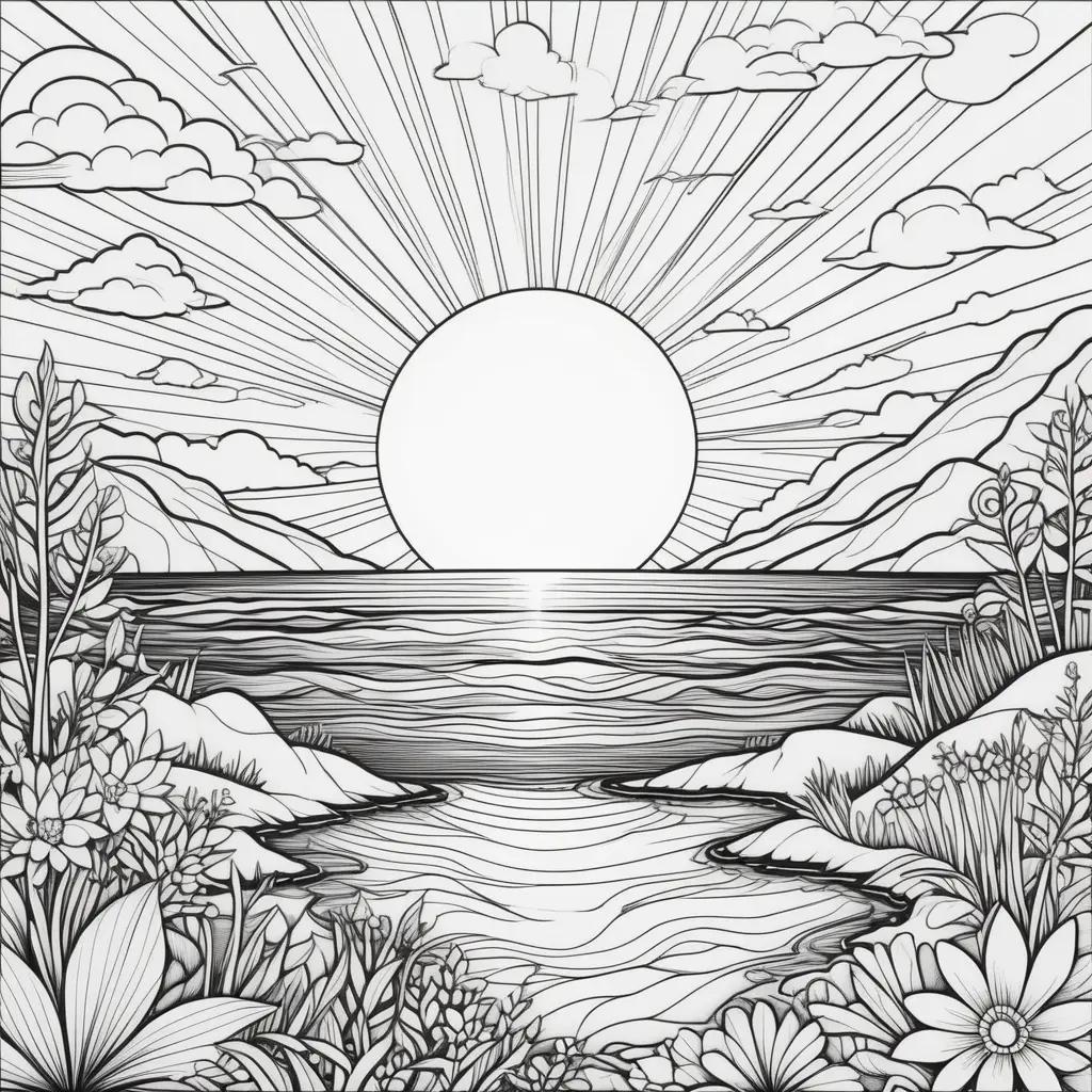 Colorful sunset coloring pages with flowers and water