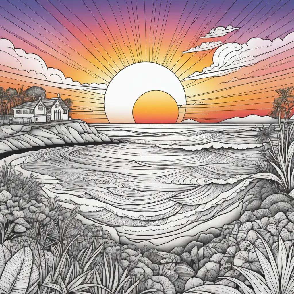 Colorful sunset drawing on coloring pages