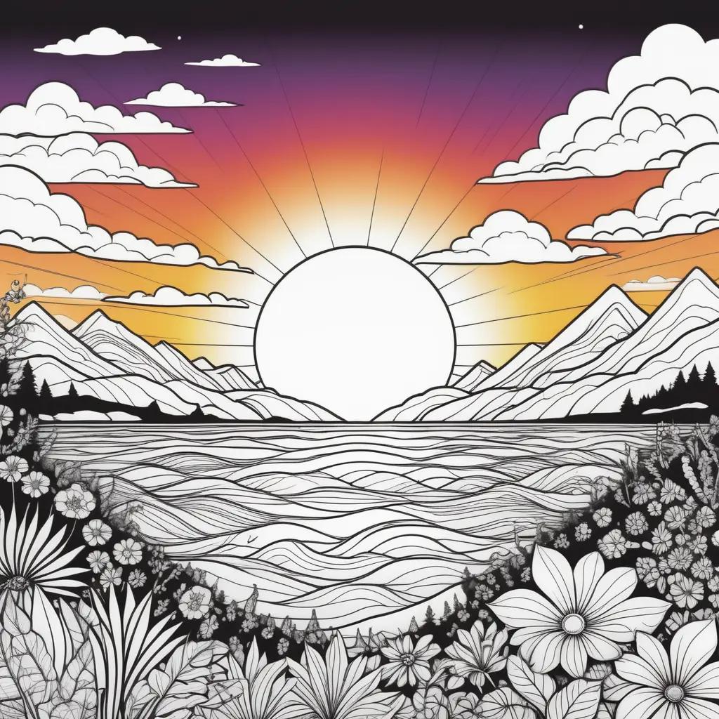 Colorful sunset scene on coloring pages