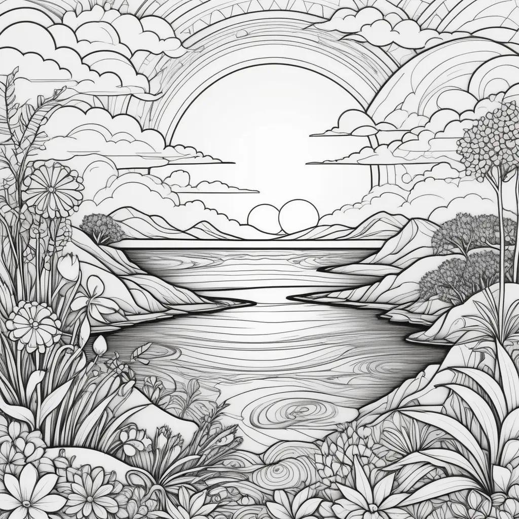 Colorful sunset scene with clouds and flowers on a black and white coloring page