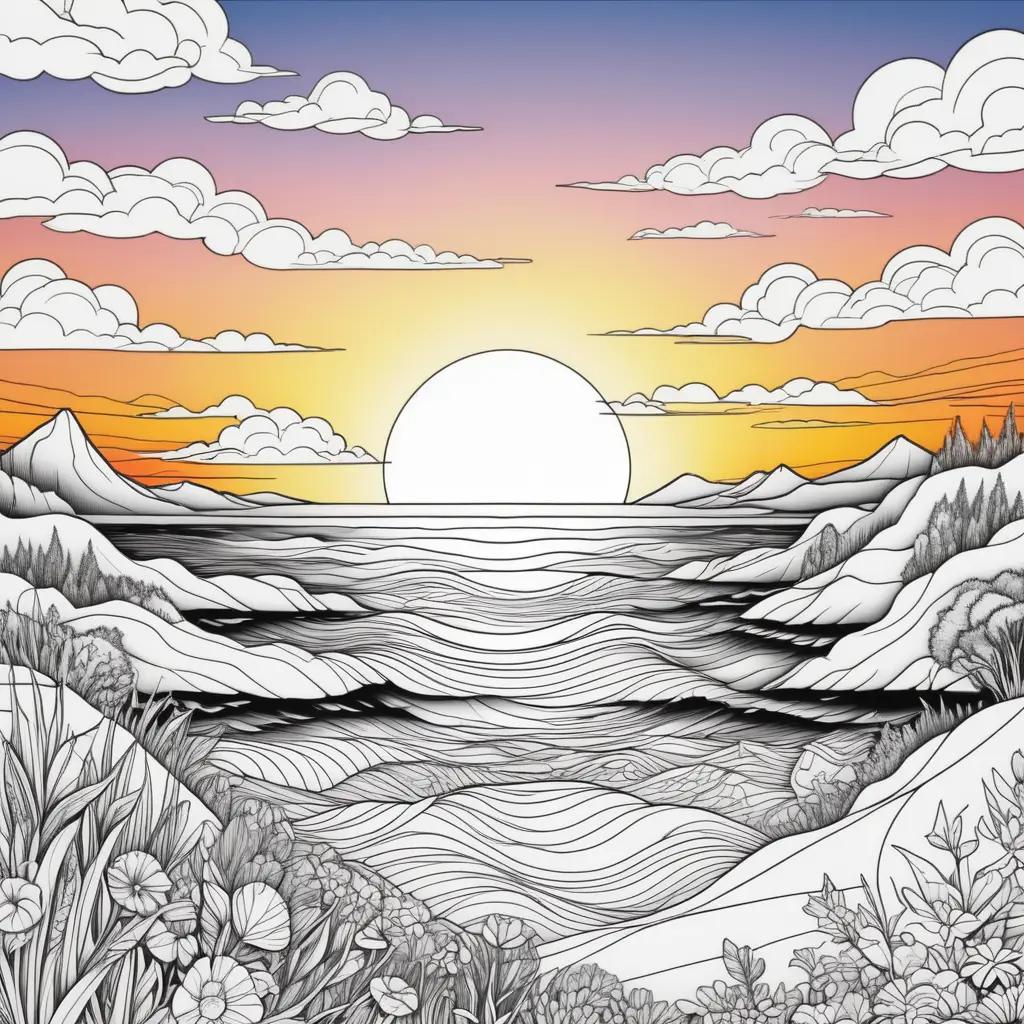 Colorful sunset with clouds and flowers on a coloring page