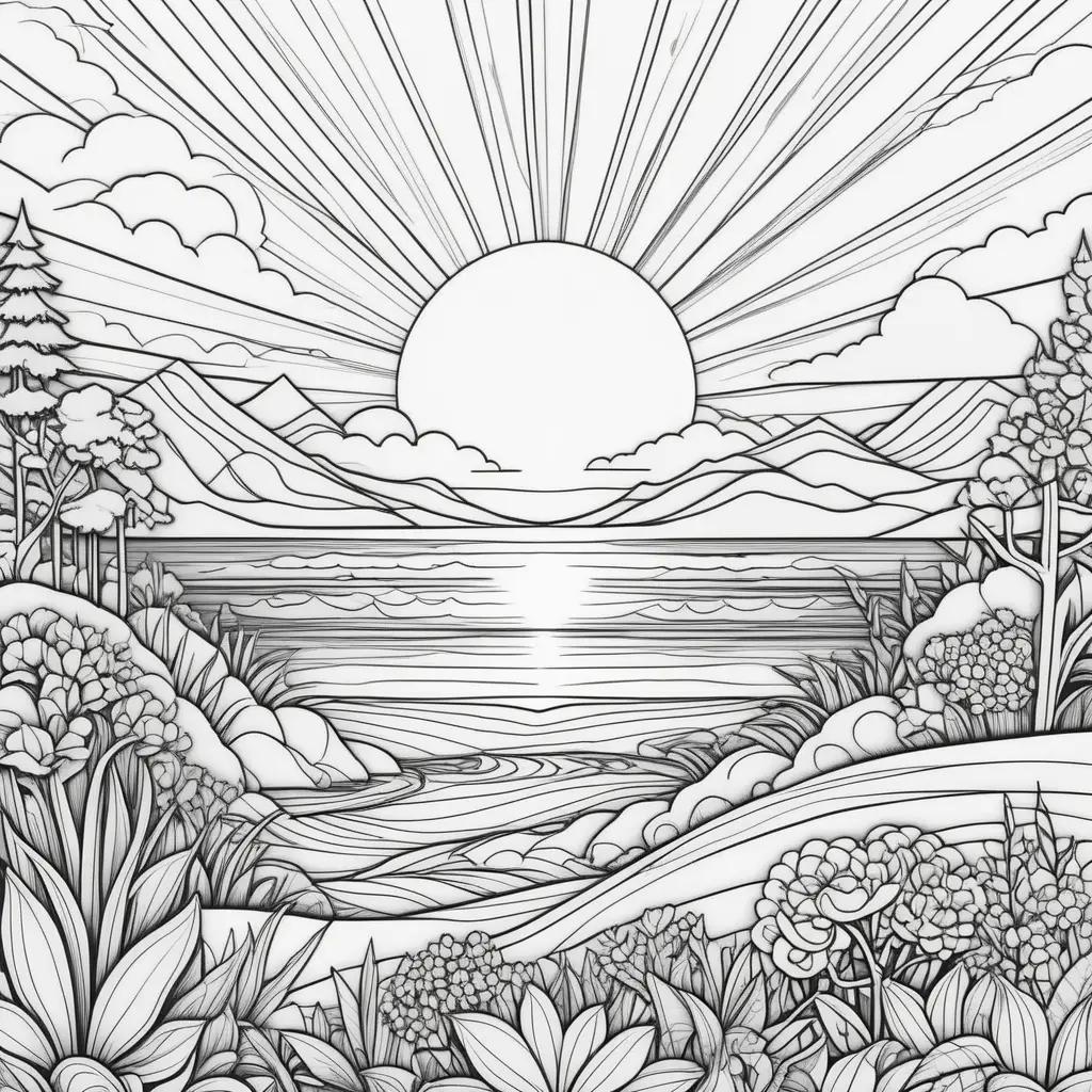 Colorful sunset with clouds and trees on coloring pages