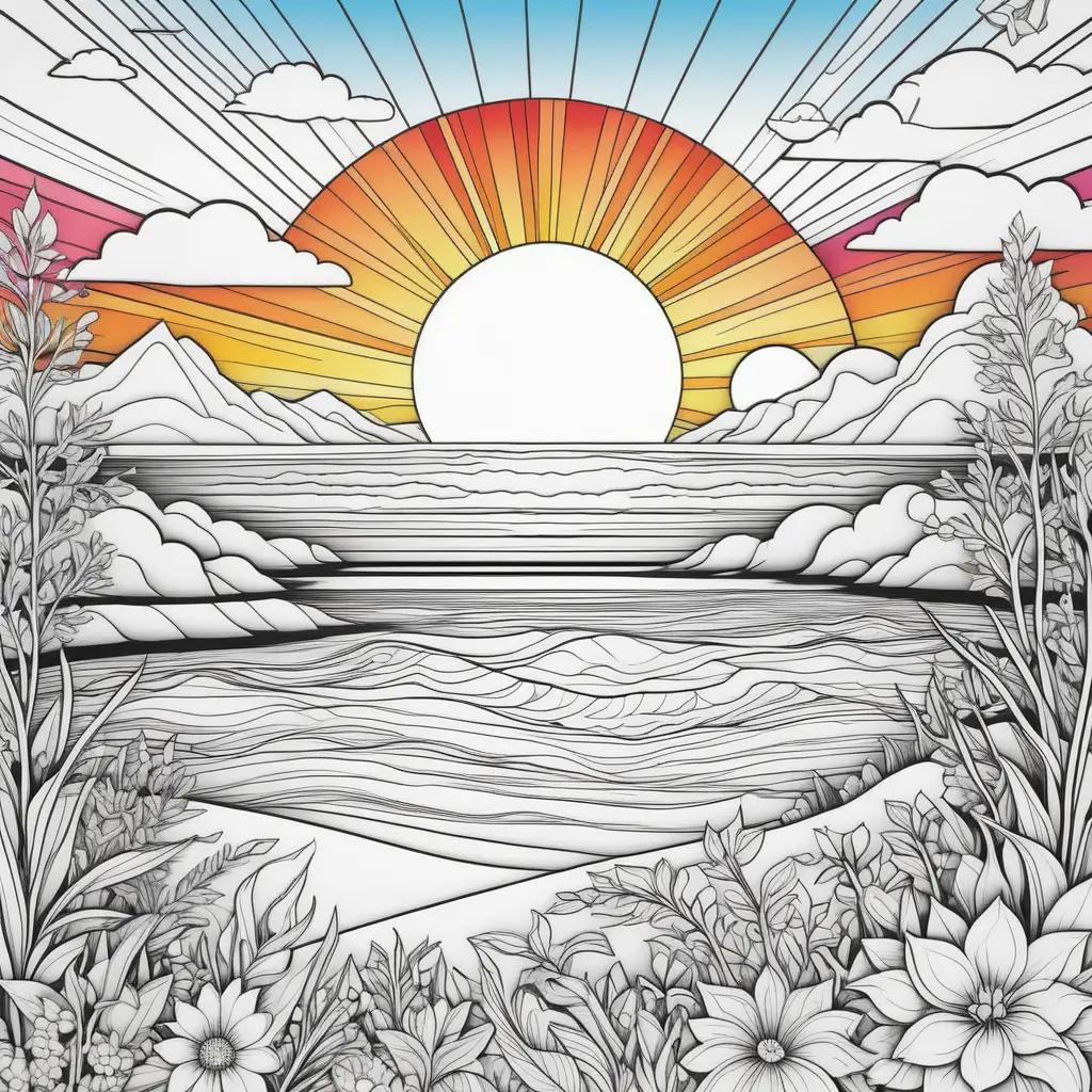 Colorful sunset with flowers and clouds in coloring pages