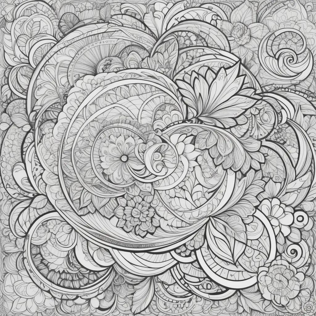 Colorful tangle art coloring pages with flowers and leaves