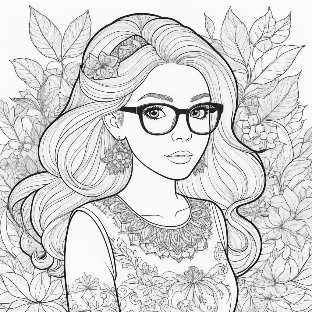 Colorful teacher coloring pages with girl wearing glasses and flowers