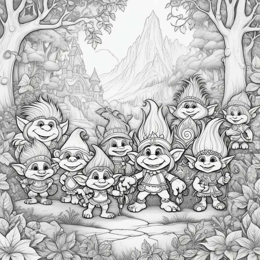 Colorful trolls and trees in a forest scene