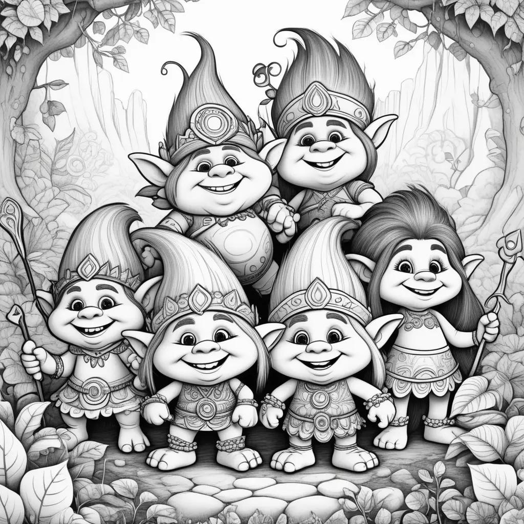 Colorful trolls in a black and white picture