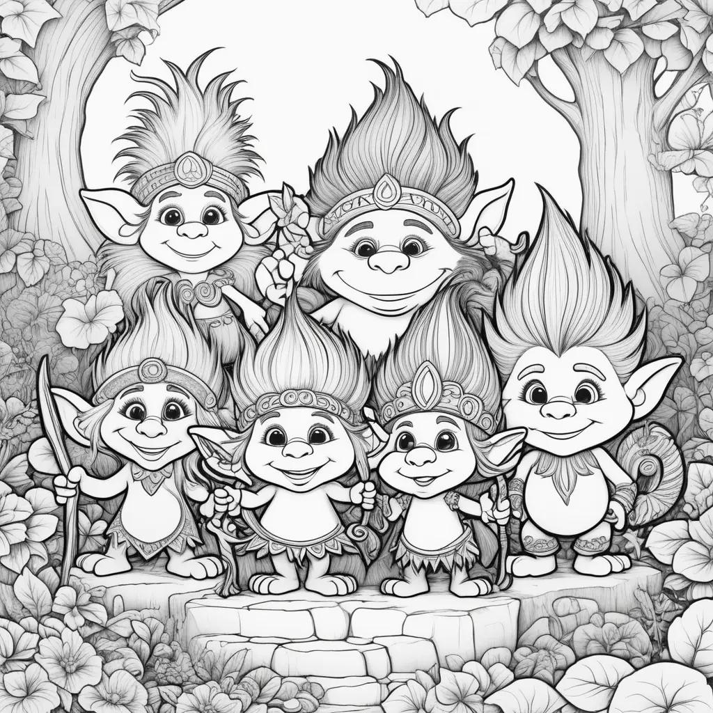 Colorful trolls in a forest with flowers and leaves