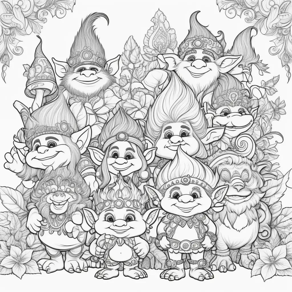 Colorful trolls in a group pose for coloring pages