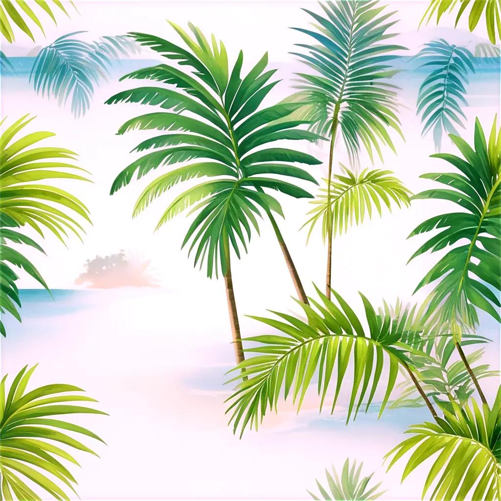 Colorful tropical scene with palm leaves and islands