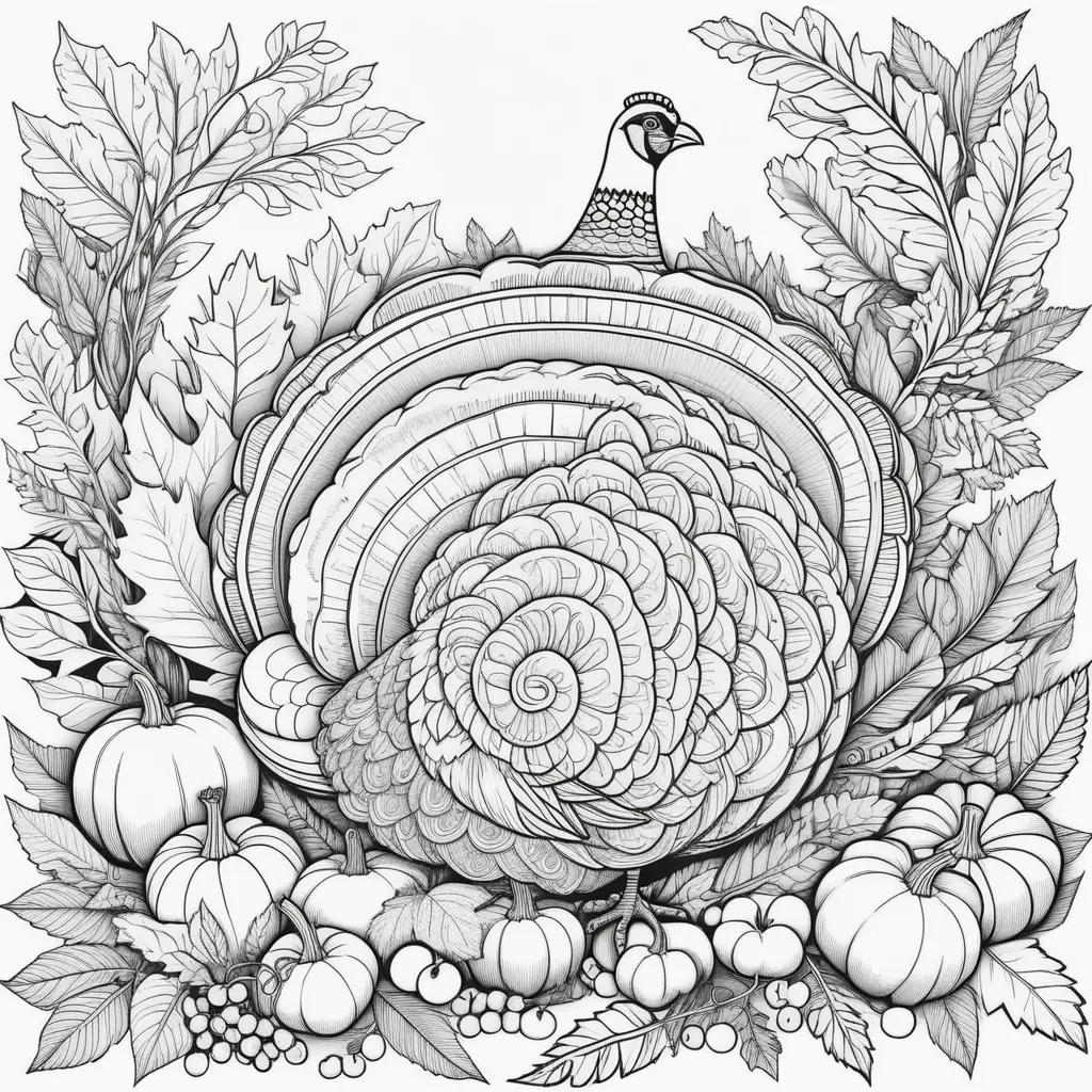 Colorful turkey and pumpkins on a Thanksgiving coloring page