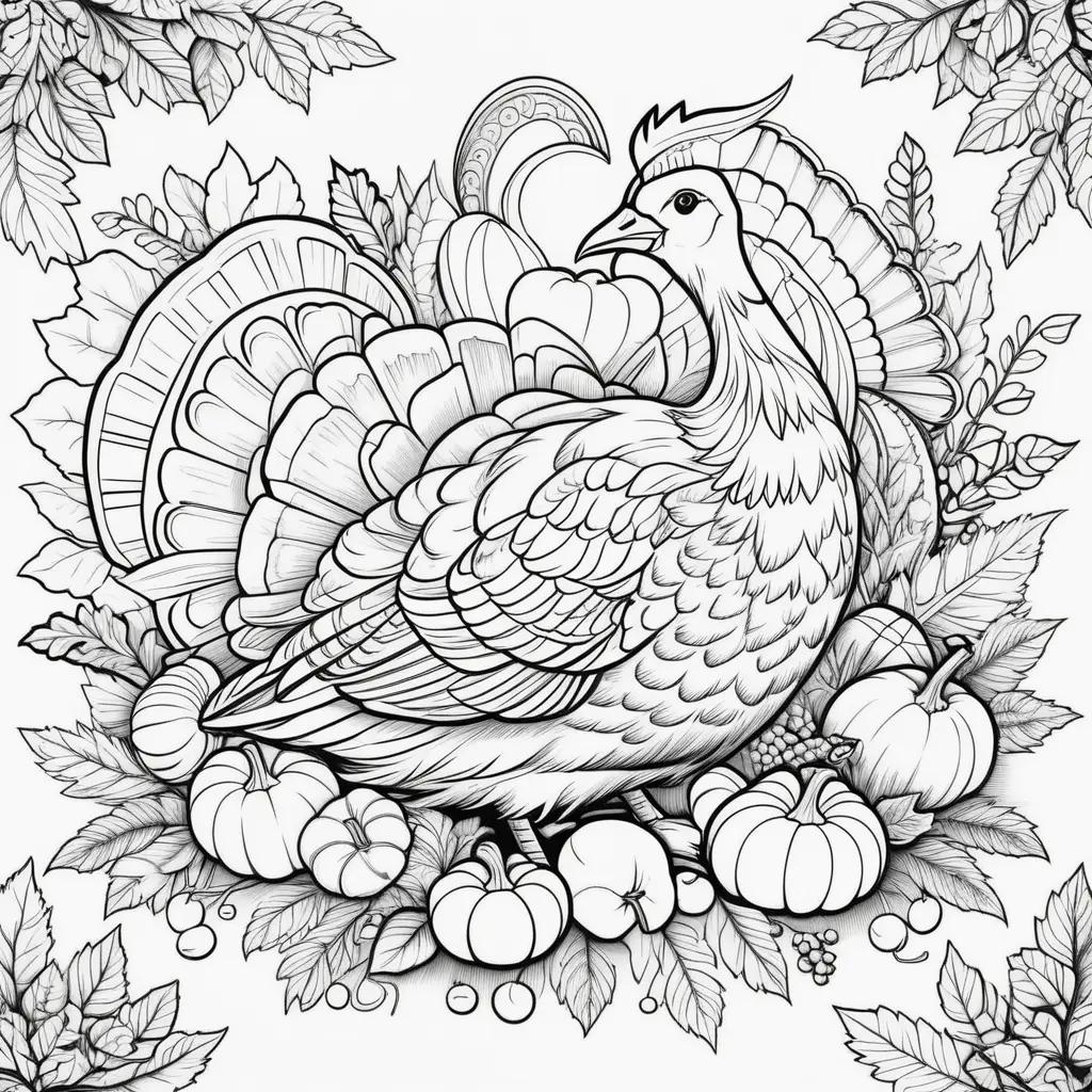 Colorful turkey surrounded by fruit and leaves on free Thanksgiving coloring pages