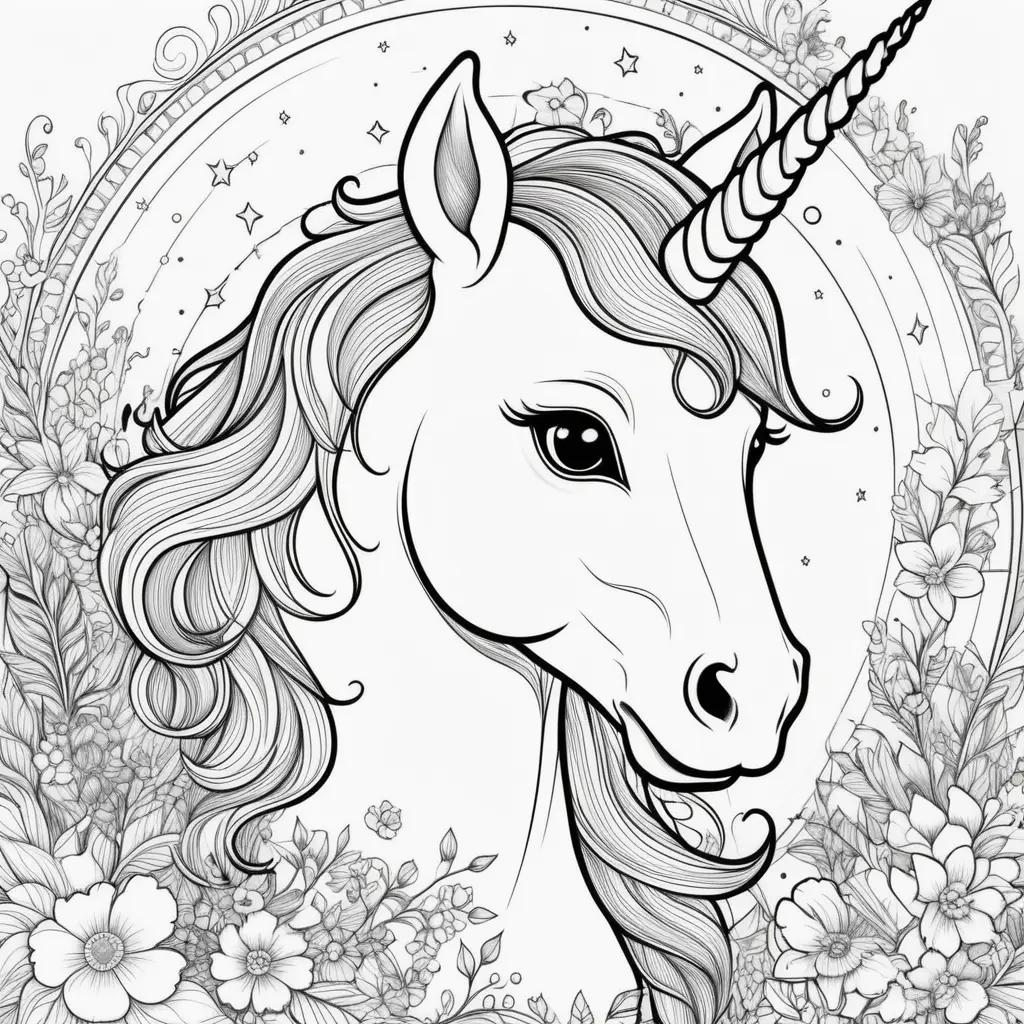 Colorful unicorn and flowers on a black and white coloring page