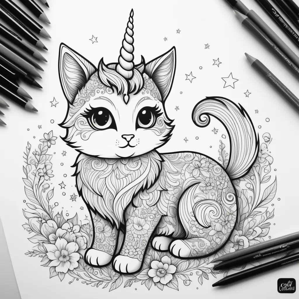 Colorful unicorn cat coloring pages with stars and flowers