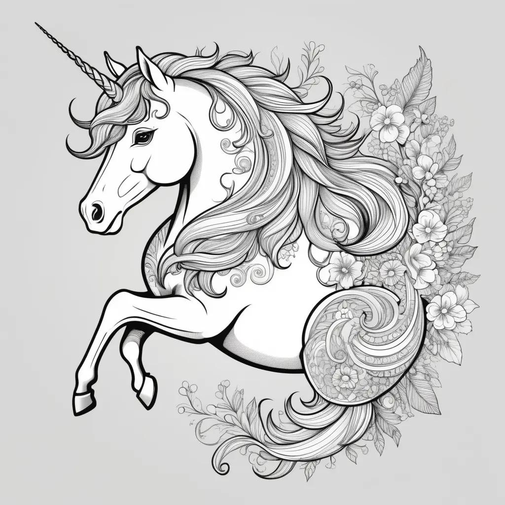 Colorful unicorn coloring pages with a black and white background