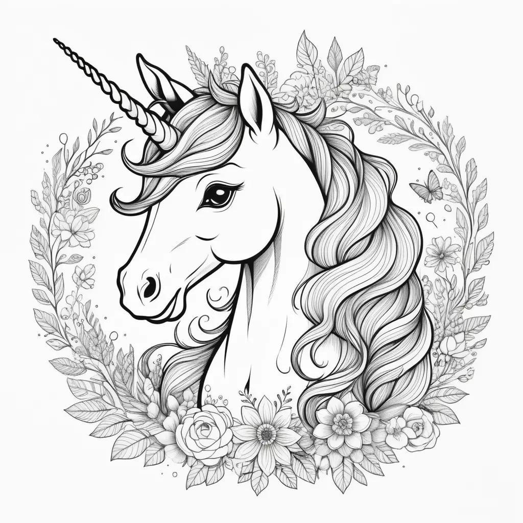 Colorful unicorn drawing in black and white