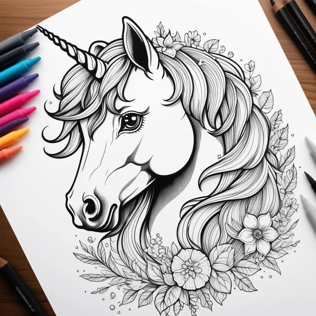 Colorful unicorn head on a page with markers